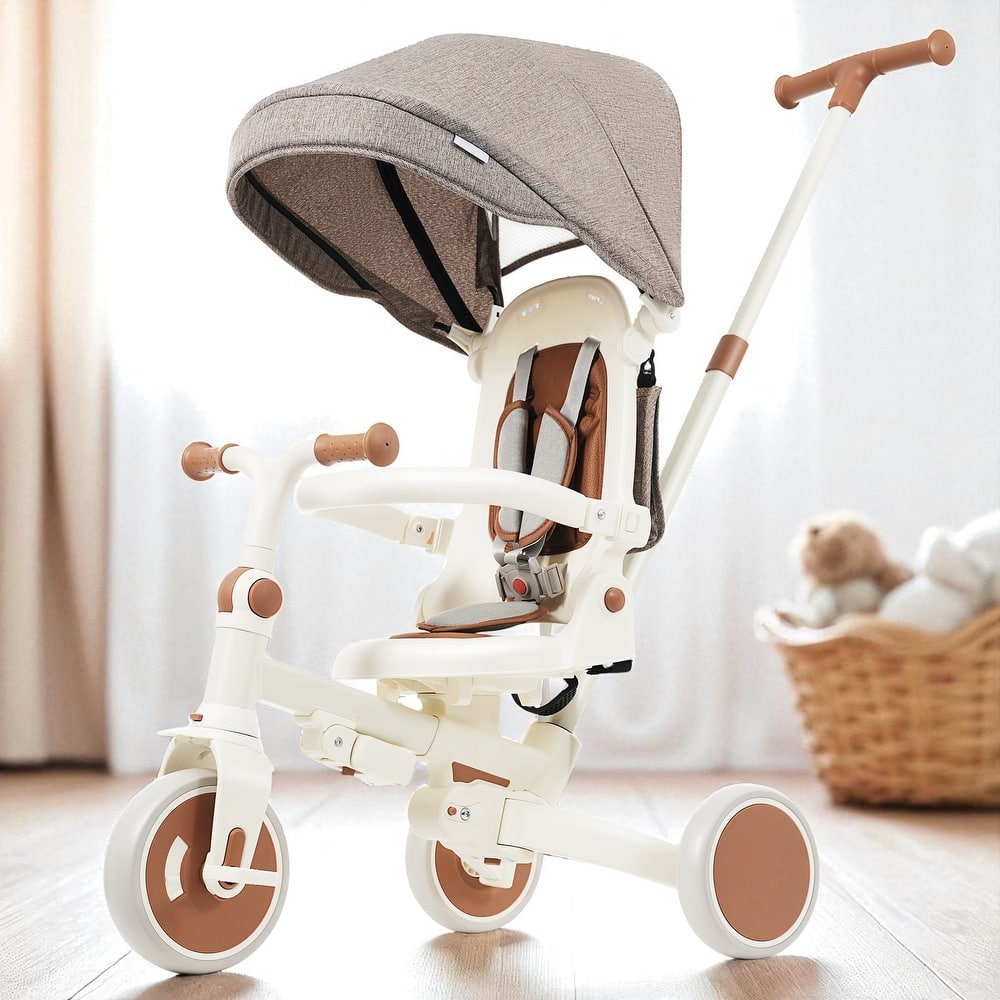 7-in-1 Baby Tricycle for Toddlers Ages 1-6, Foldable Push Trike with Parent Handle, Canopy, Guardrail & Pedals