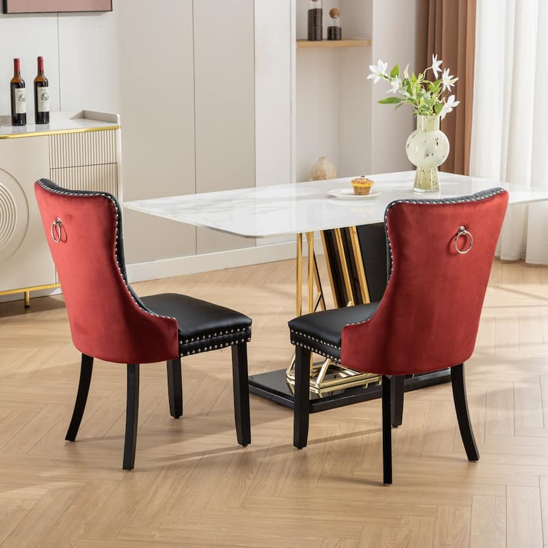 Set of 2 PU and Velvet Upholstered Dining Chair with Wood Legs