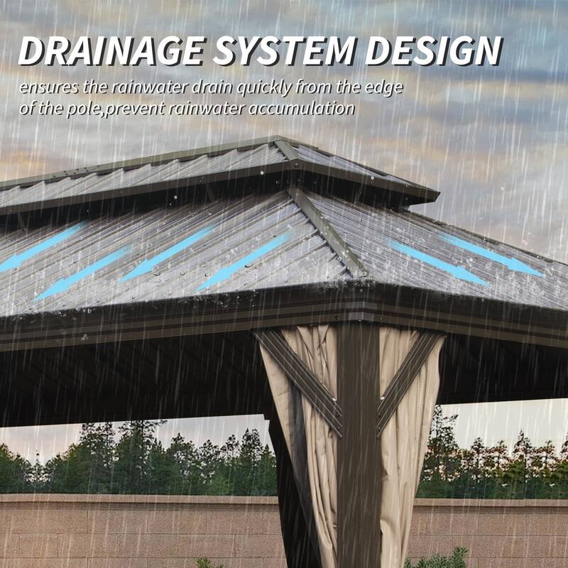 14' X 20' Hardtop Gazebo with Drainage System, Galvanized Steel Roof, Curtains & Netting, Outdoor Shelter for Patio, Garden