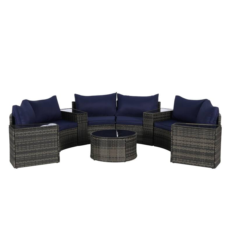 11-Piece Outdoor Half-Round Modular Sectional Sofa Set with Tempered Glass Coffee Table and 4 Side Table
