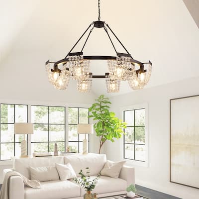 Modern 8-Light Wagon Wheel Chandelier with Crystal Decor