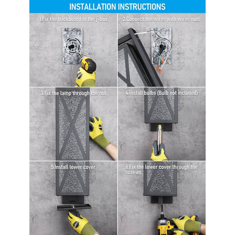 19Inch Exterior Wall Lights, E26 Base, Ripple Glass Shade, Black - 2pack