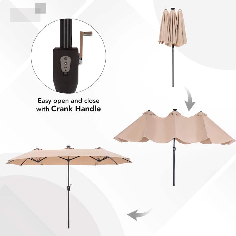 MAISON ARTS Double-Sided 13-foot Twin Outdoor Market Crank Umbrella with Colored LED Lights