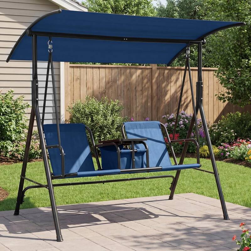2 Person Porch Swing with Cup Holders with Adjustable Canopy for Backyard Balcony Poolside - Blue