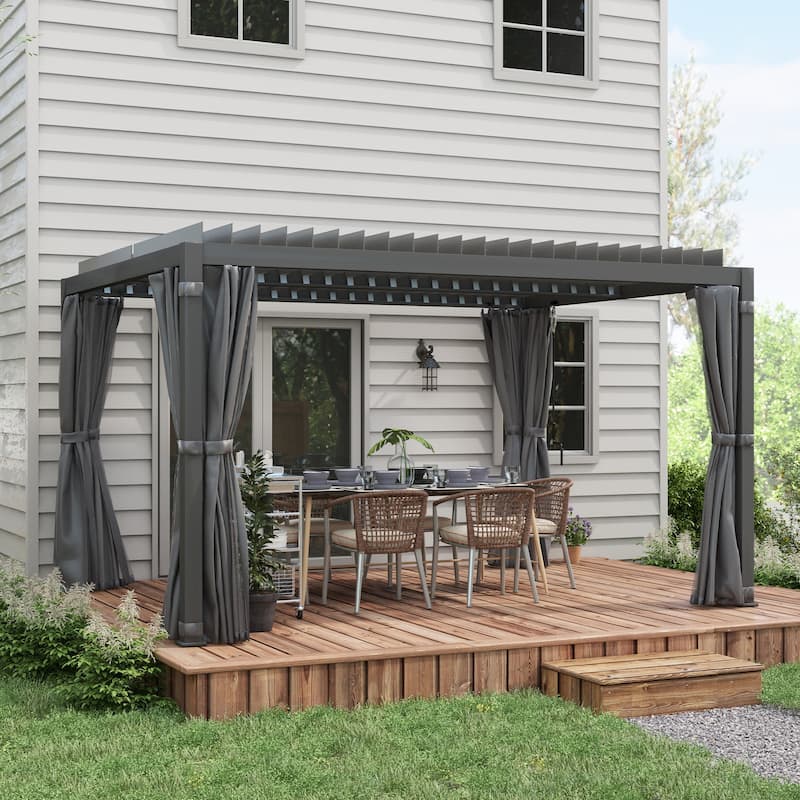 Outsunny 13' x 10' Outdoor Retractable Pergola with Sun Shade Aluminum Louvered Top, Pergola with Canopy, Curtains, and Netting