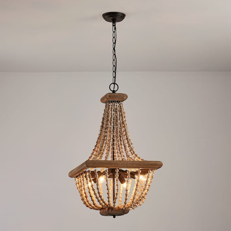 Farmhouse Aged Wooden Beaded 4-Light Chandelier