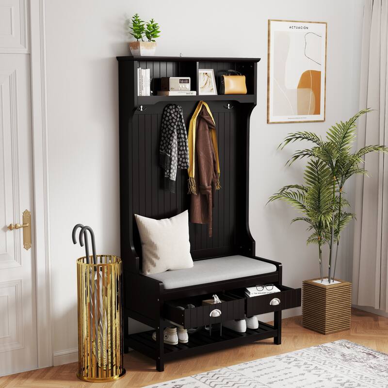 3-in-1 Hallway Hall Tree with 2 Storage Drawer and 4 Coat Rack,Shoe Rack Bench with Padded Seat Cushion,with Top Storage Shelf