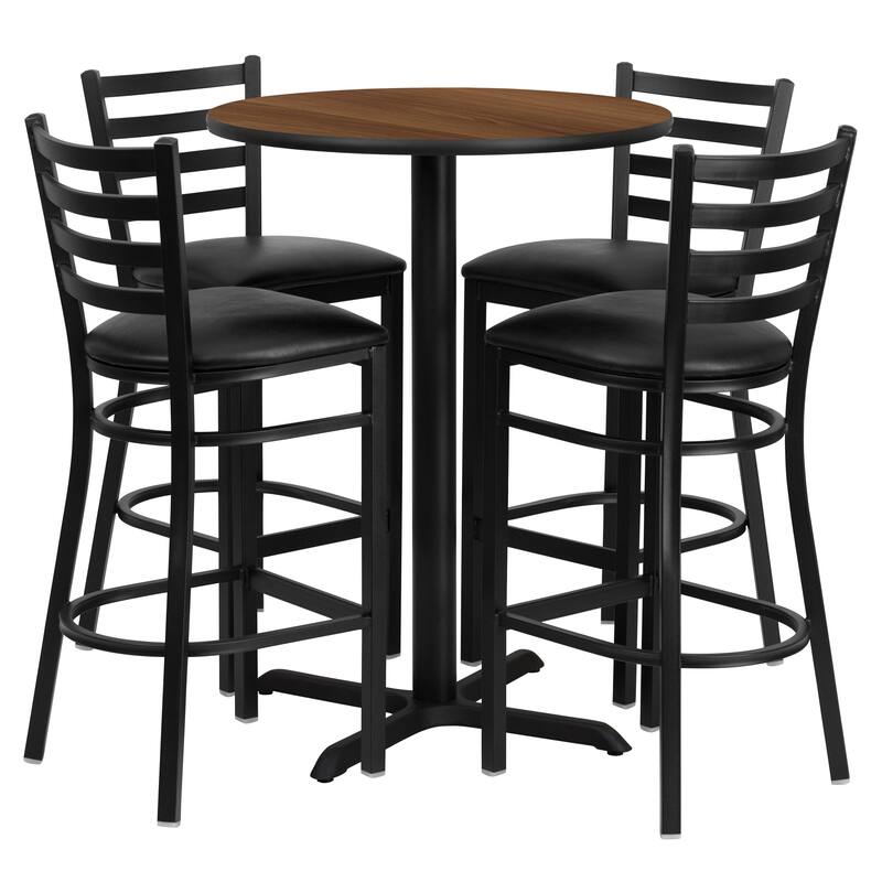 30'' Round Laminate Table Set with X-Base and 4 Ladder Back Metal Barstools - walnut top/black vinyl seat