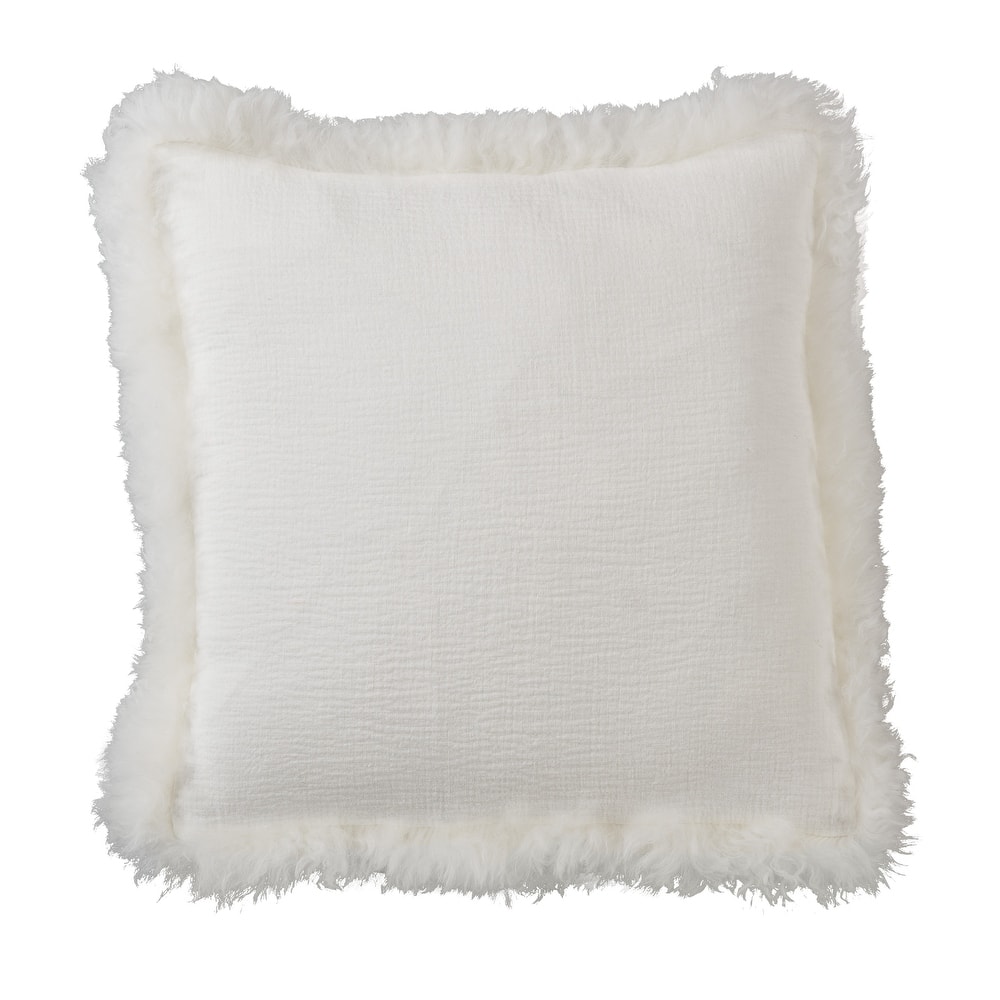 Cozy and Stylish Linen Poly Filled Throw Pillow with Plush Lamb Border