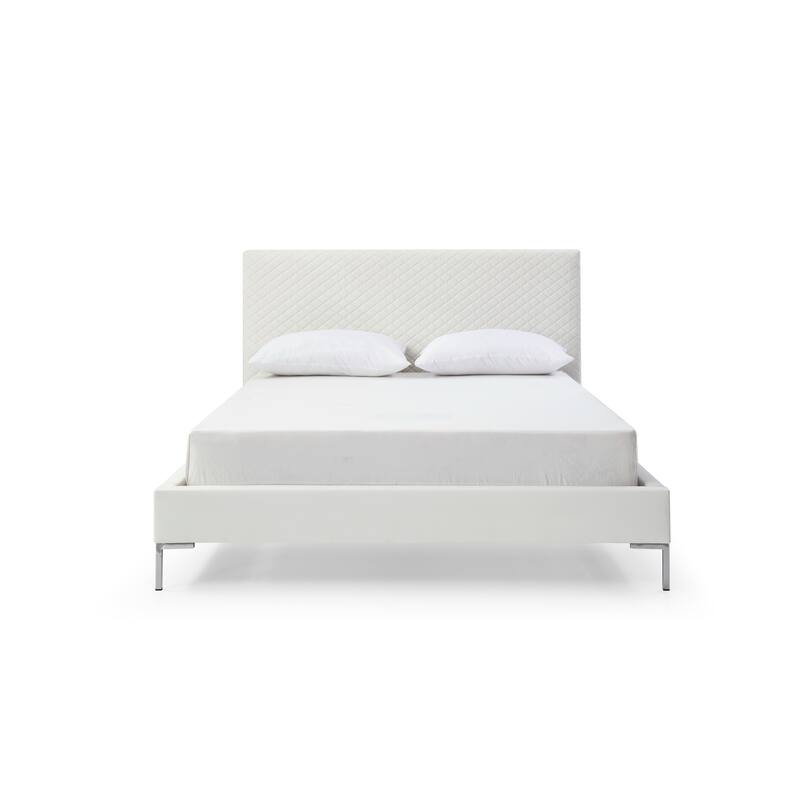 Full Size Bed Frame - Rustic Refinement Upholstered White Faux Leather with Chrome Legs