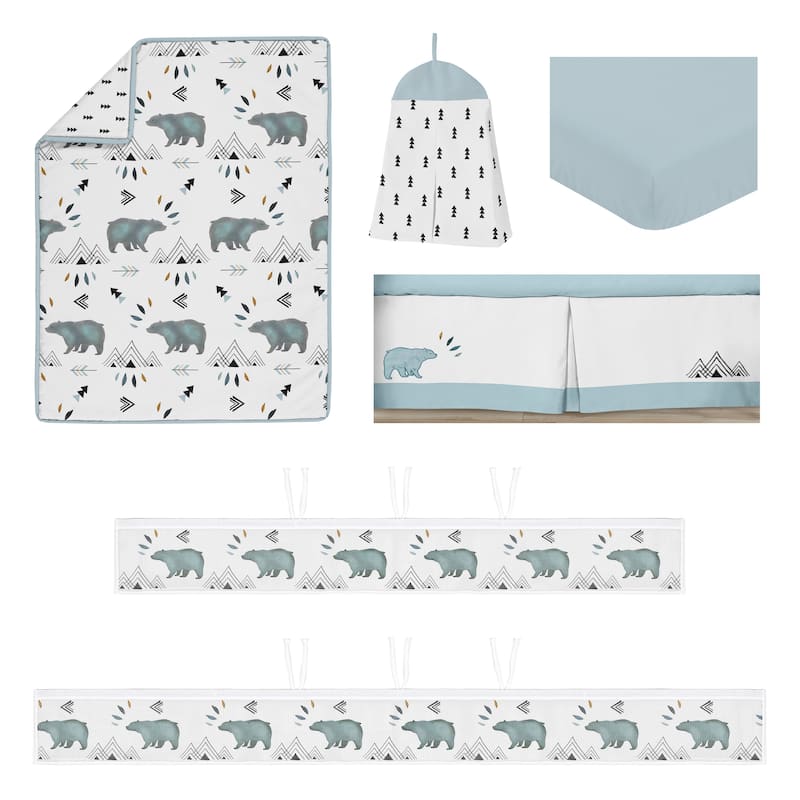 Sweet Jojo Designs 6p Crib Bedding + BreathableBaby Breathable Mesh Liner Bear Mountain Boy Blue Woodland Forest