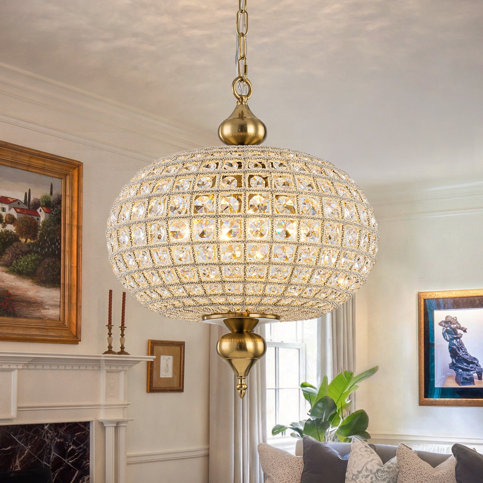 4/5-Light Antique Brass Crystal Globe Chandelier Glam Pendant Light for Living Room Dining Room