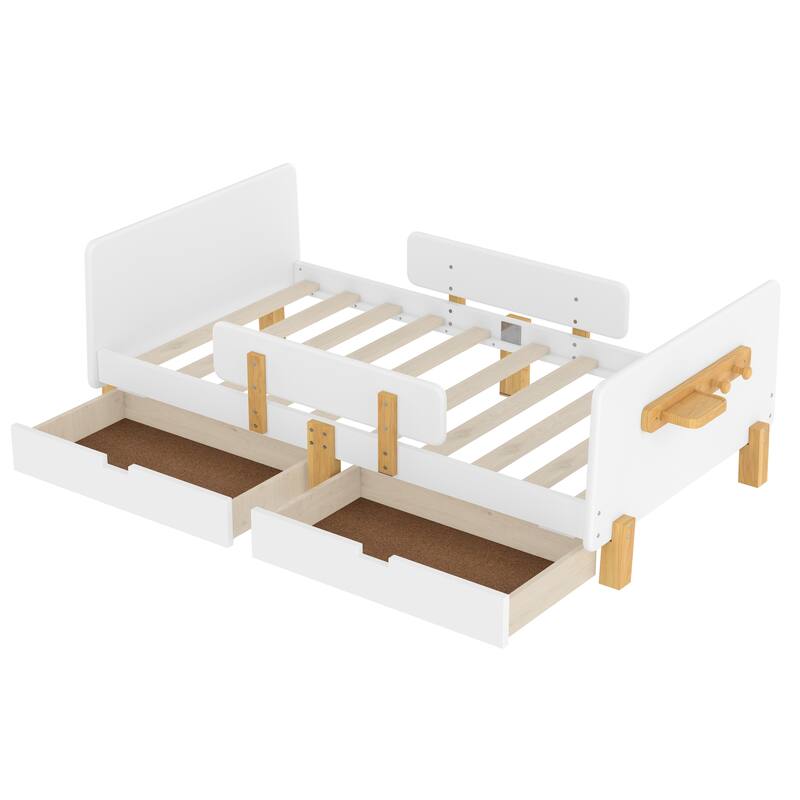 Full/Twin Platform Bed with Storage Drawers, Guardrail & Hooks