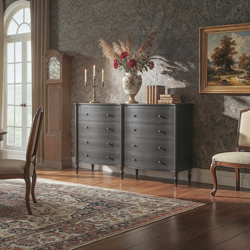 Elegant 8-Drawer Dresser with Solid Wood Legs, Vintage Curved Front Chest of Drawers for Bedroom Storage