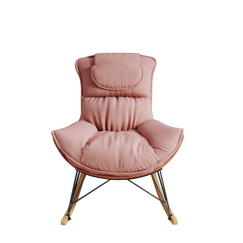 Pink Modern 43.3" Velvet High Back Rocking Chair with Detachable Seat Cushion and Natural Wood Frame