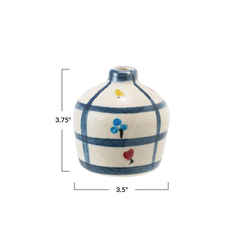 Hand-Painted Terra-cotta Urn with Flowers and Grid Pattern in Crackle Glaze