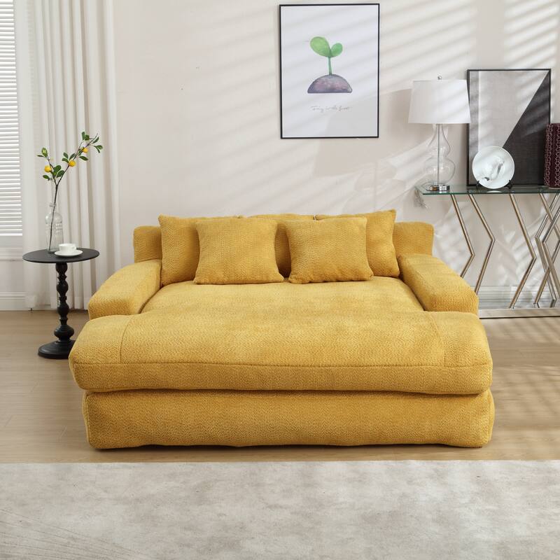 Seersucker 2-seater lazy sofa bed With 2 back pillows , 2 toss pillows,Comfy Sofa- Deep Seat Couch - Mustard yellow