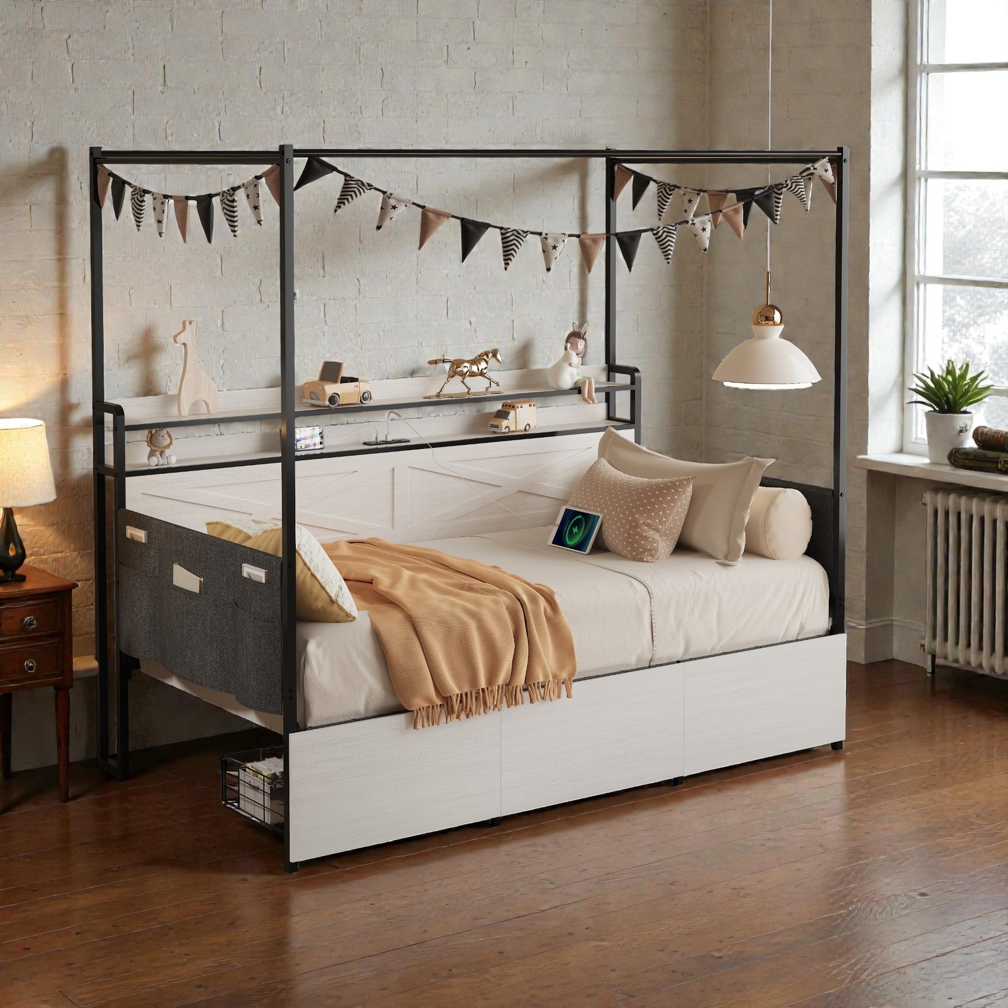 Modern Twin Bed with Storage Drawers, LED Lights and Charging Station, Twin Daybed Frame No Box Spring