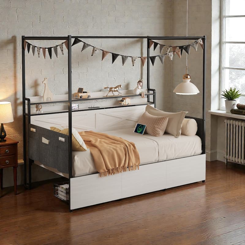 Modern Twin Bed with Storage Drawers, LED Lights and Charging Station, Twin Daybed Frame No Box Spring - White - Twin