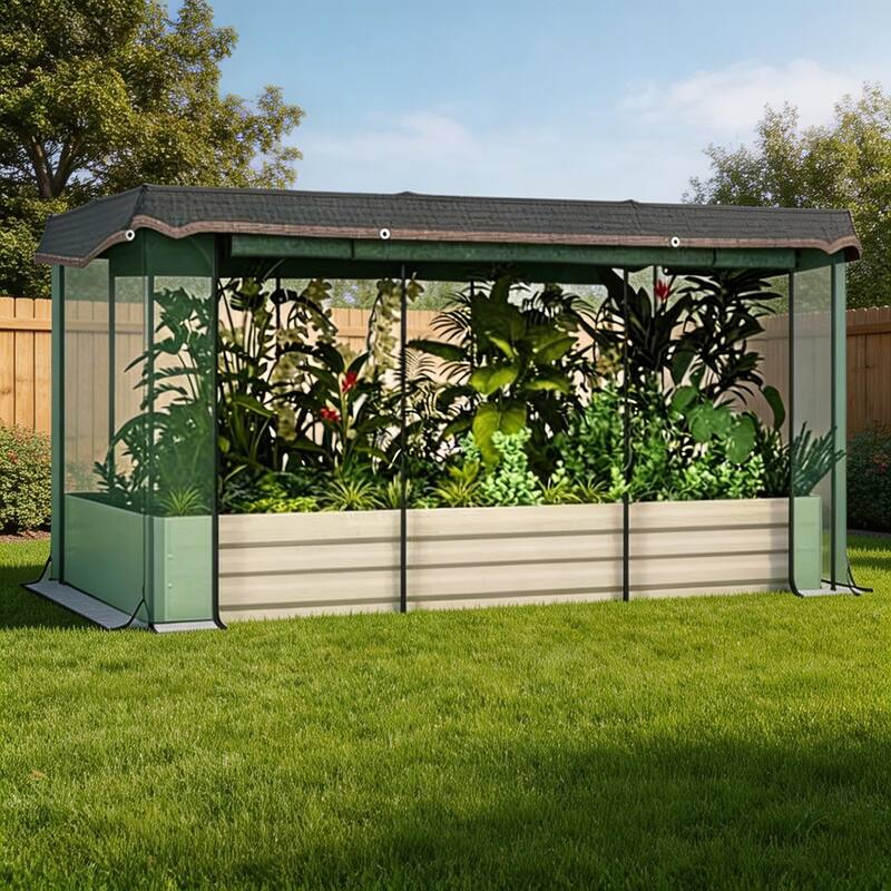 4 x 3 x 1 FT Galvanized Rectangular Raised Garden Bed with Insect Screen and Built-In Irrigation System Silver