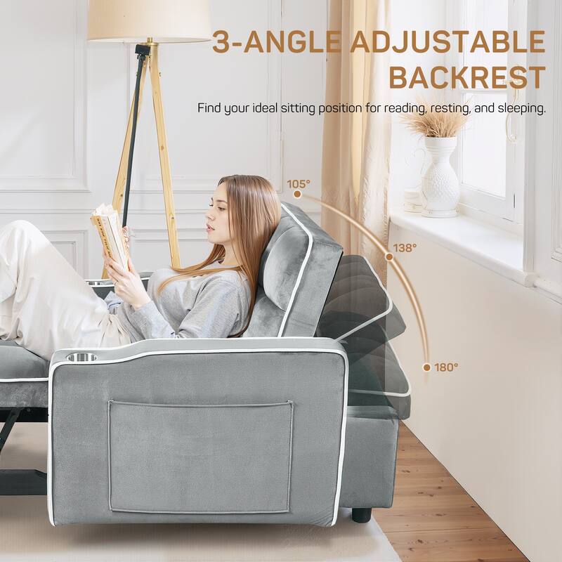 37 in. W 3-in-1 Convertible Chair Bed Suede Pull Out Twin Size Sofa Bed with USB Ports, Cup & Phone Holder