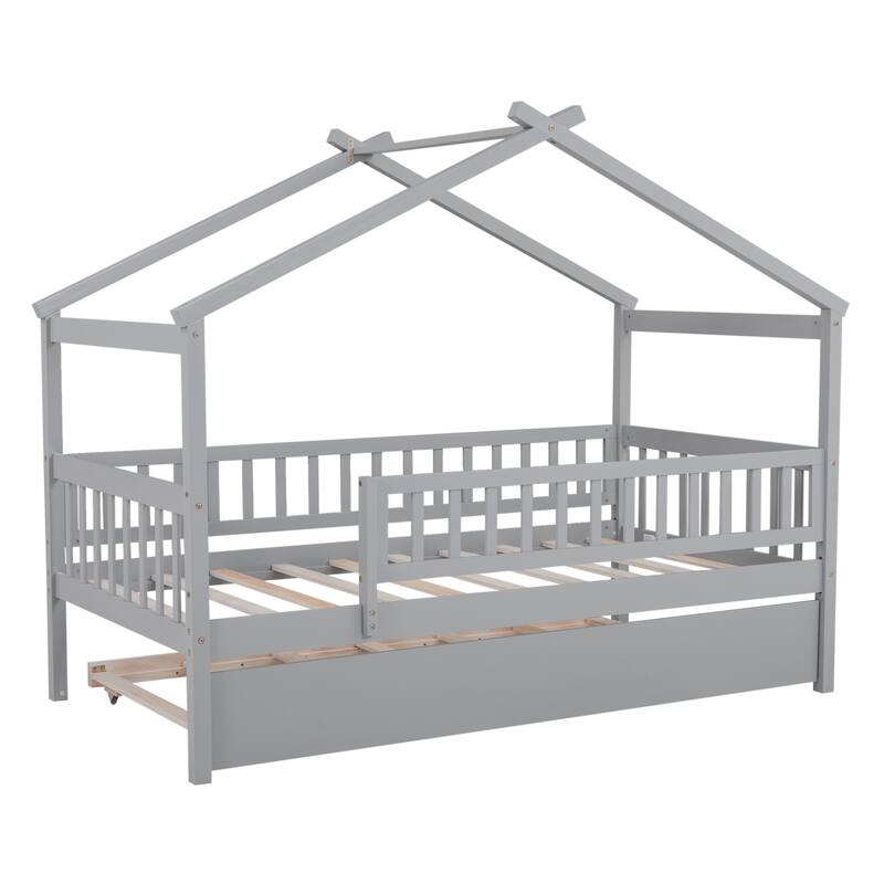 Twin Pine House Bed with Trundle, Guardrail & Roof