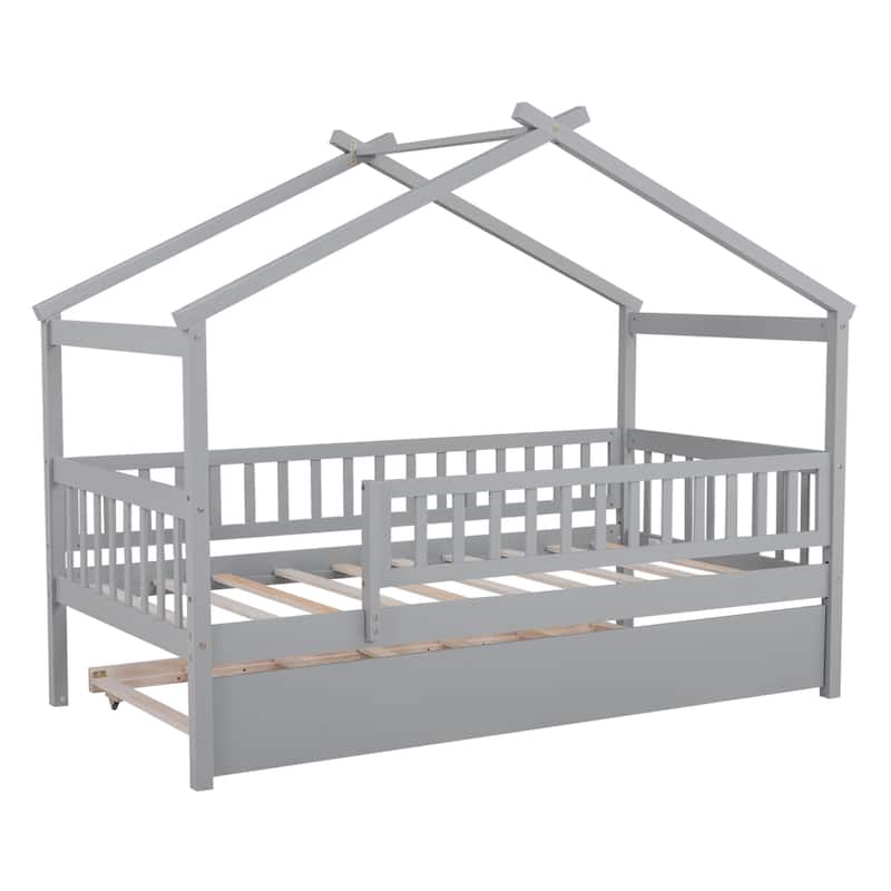 Wooden Twin/Full House Bed with Trundle and Headboard, Sky Roof Design, Durable Pine Wood