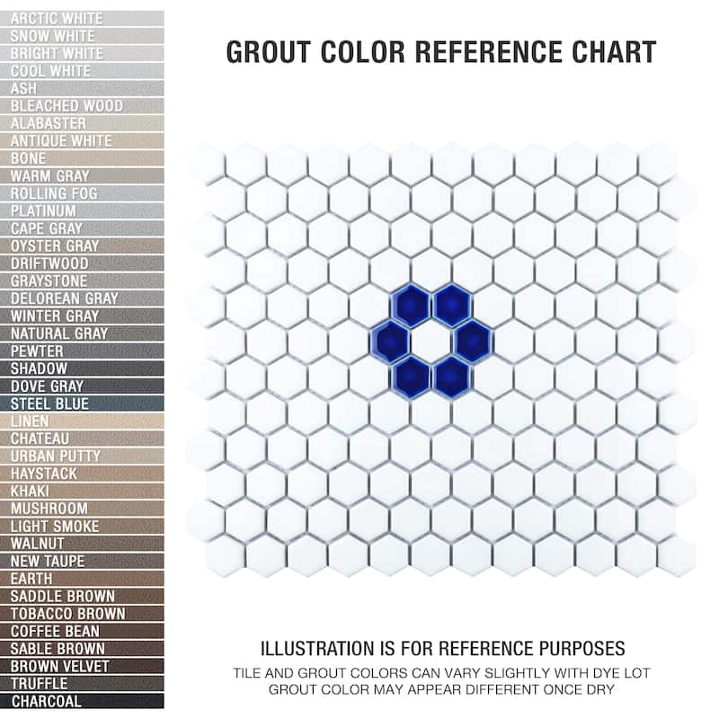 Merola Tile Metro Ion 1" Hex Sapphire Single Flower w/Glossy White Porcelain Mosaic Floor & Wall Tile