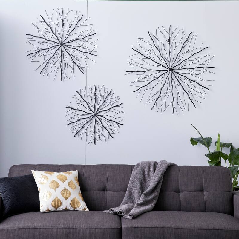 Black Metal Starburst Home Wall Decor with Branch Inspired Design (Set of 3)