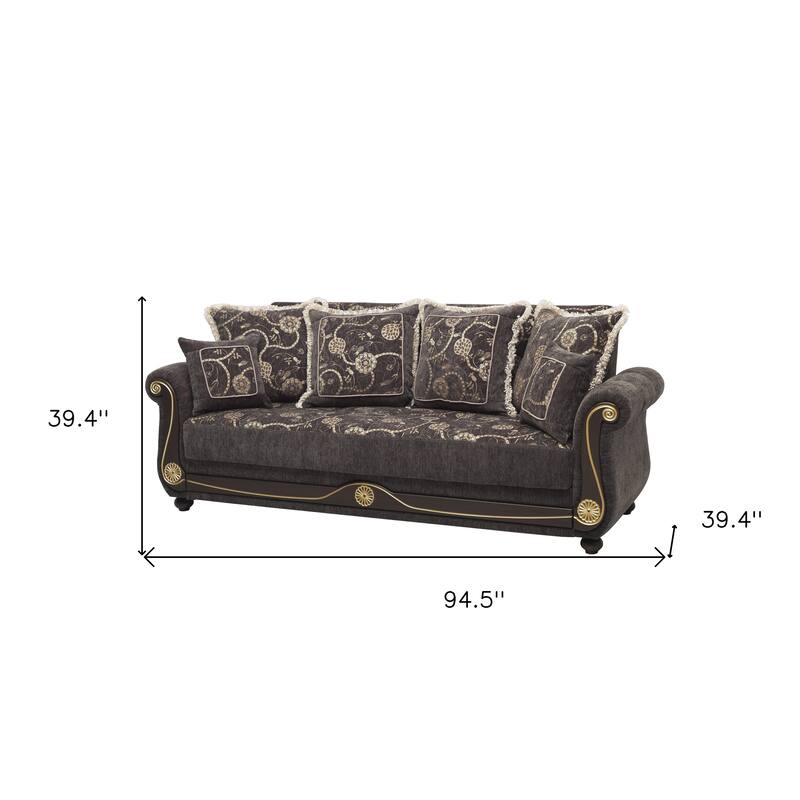 HomeRoots 95" Gray Chenille Convertible Futon Sleeper Sofa And Toss Pillows With Storage