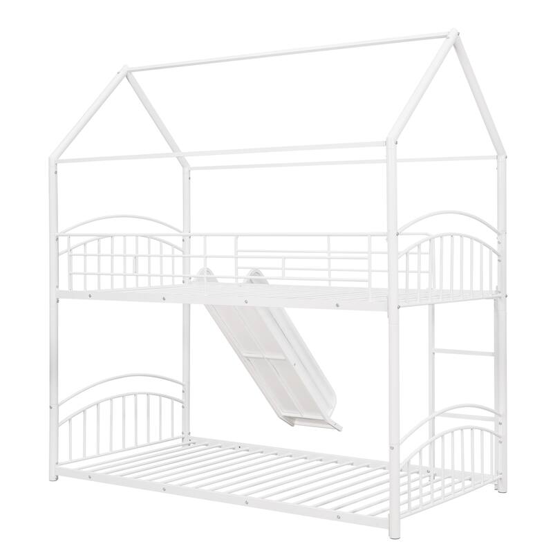 Twin Over Twin Metal Bunk Bed With Slide, Kids House Bed Metal Platform Bed Frame Divided into 2 Beds for Kids Teens Bedroom