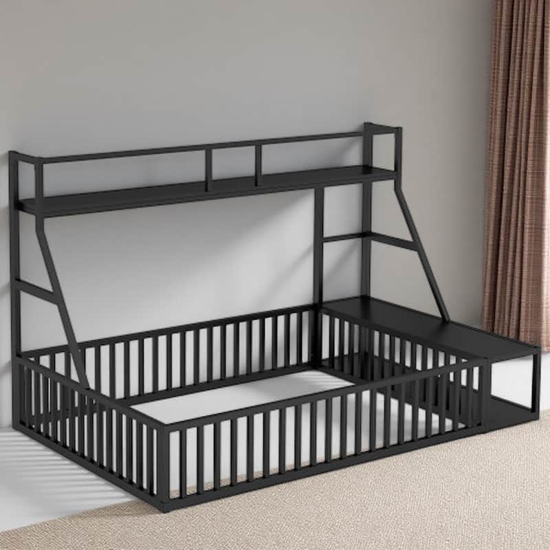 Full-Size Montessori Metal Floor Bed with Safety Rail, Integrated Desk & Storage Shelves - Full Black - Full