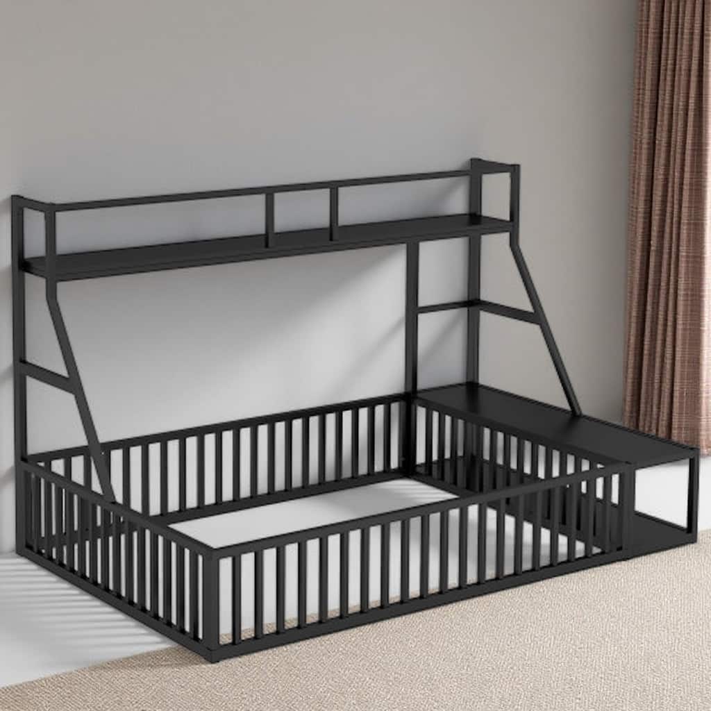 Full-Size Montessori Metal Floor Bed with Safety Rail, Integrated Desk & Storage Shelves