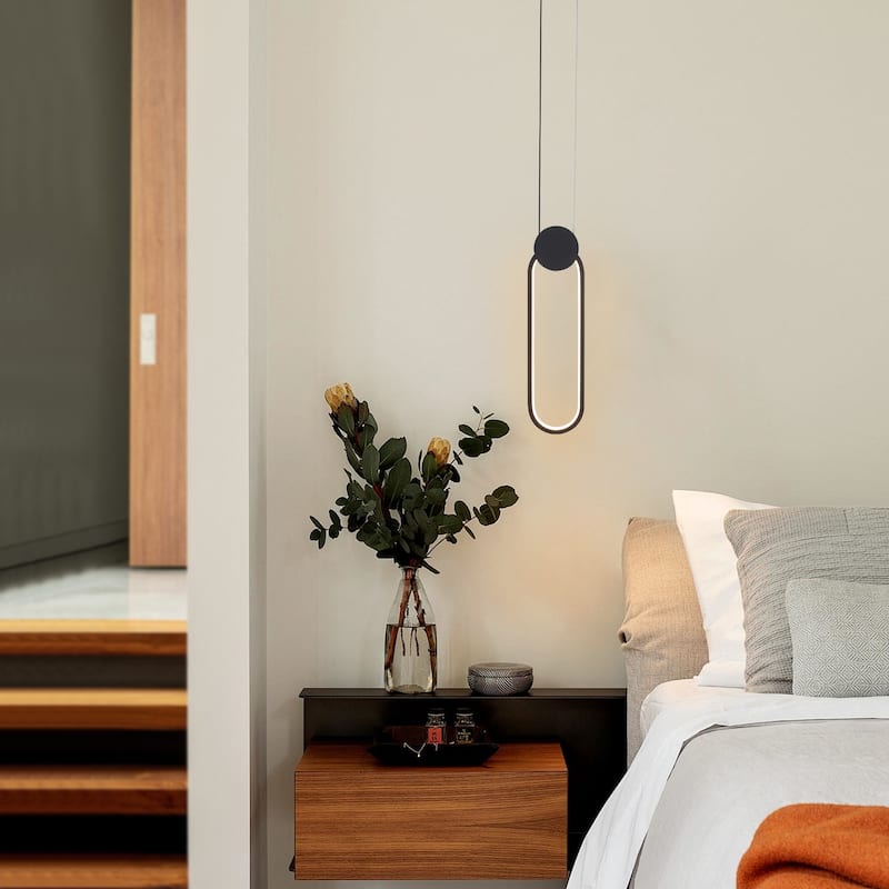 7-Watt 1-Light Black Elliptical Shade Integrated LED Pendant Light, Classic Semi Flush Mount Chandelier for Dining Room