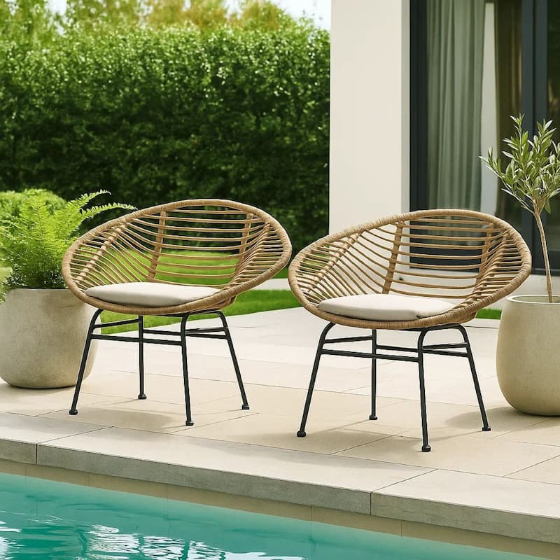 Outdoor Accent Chair Set of 2, Beige, Basket Brown Faux Rattan, Black
