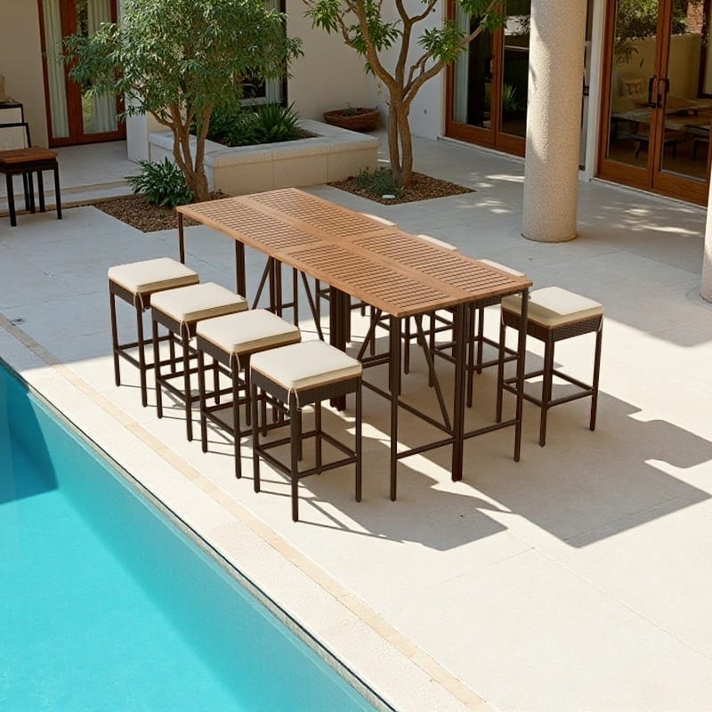 10-Piece Patio Bar Set with Foldable Acacia Wood Table and 8 Cushioned Wicker Stools