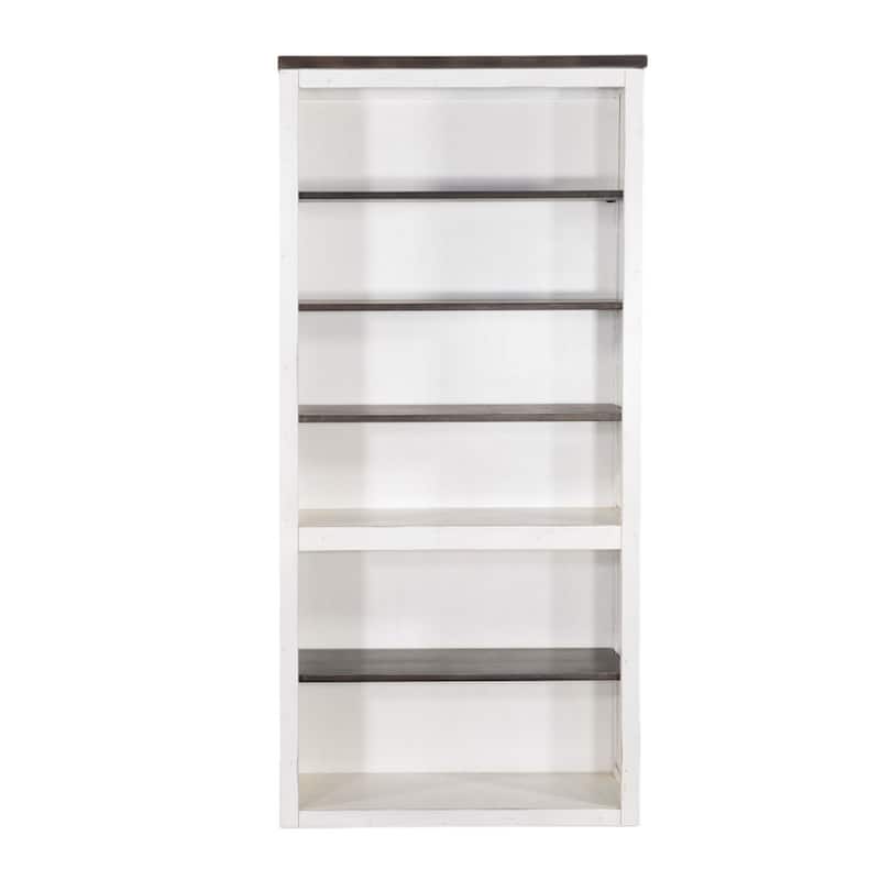 Zena Bookcase, X Cross Panels, 5 Shelves, 76 Inch White, Brown Veneer