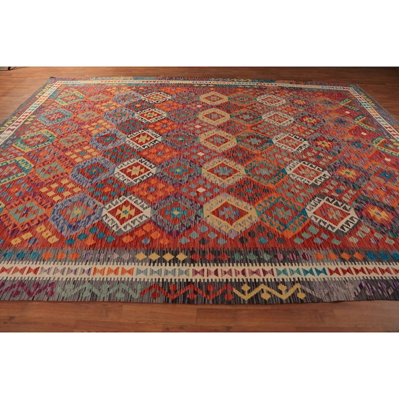Reversible Kilim Oriental Area Rug Hand-Woven Southwestern Wool Carpet - 9'11"x 12'11"