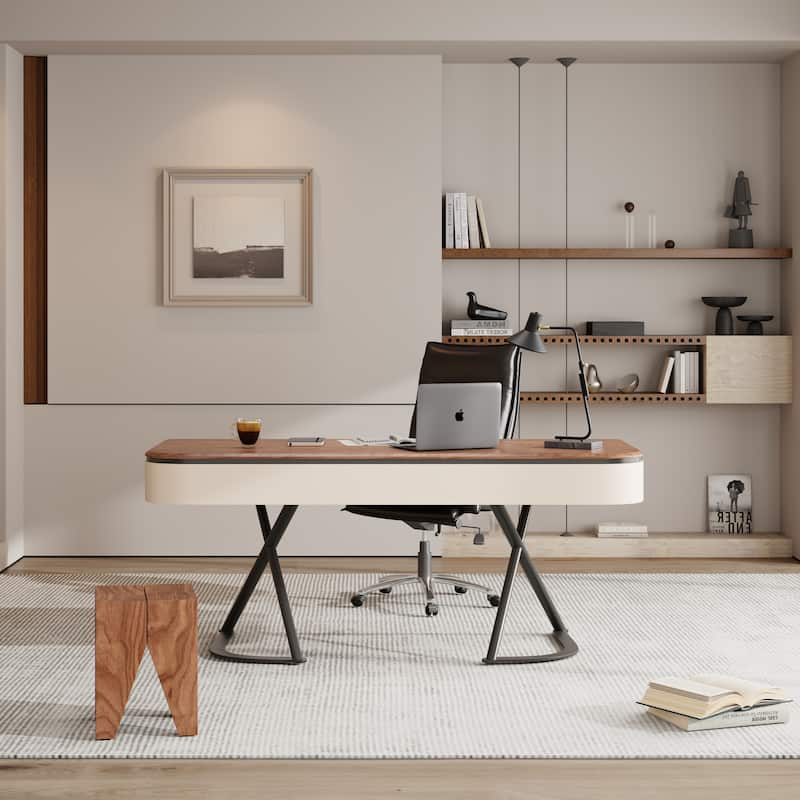 Modern 63'' Writing Desk, Brown Wood Desk,Drawers