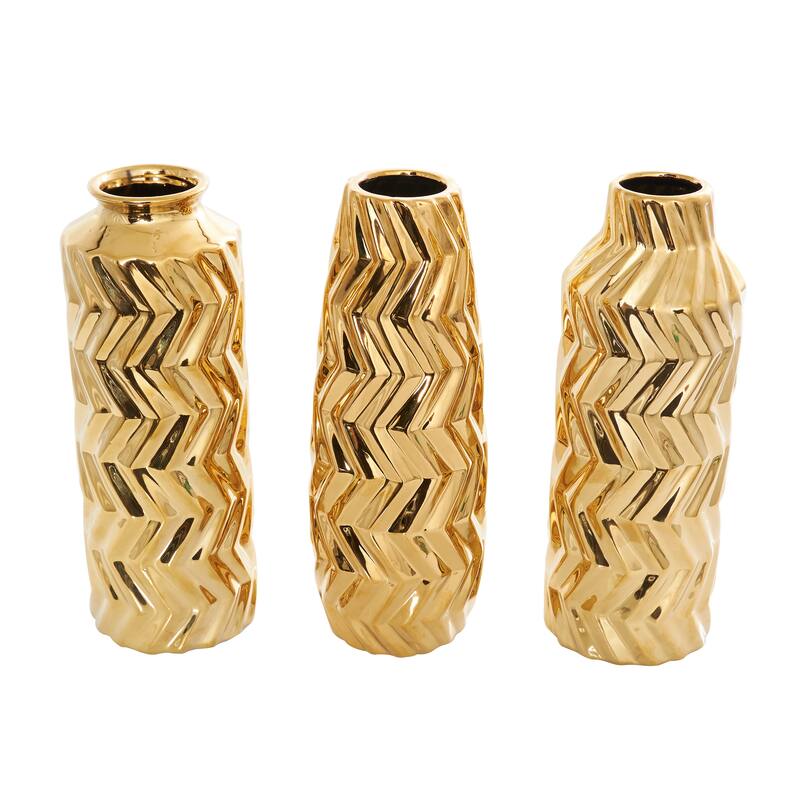 Gold Ceramic Dimensional Chevron Textured Decorative Vase with Varying Shapes (Set of 3)