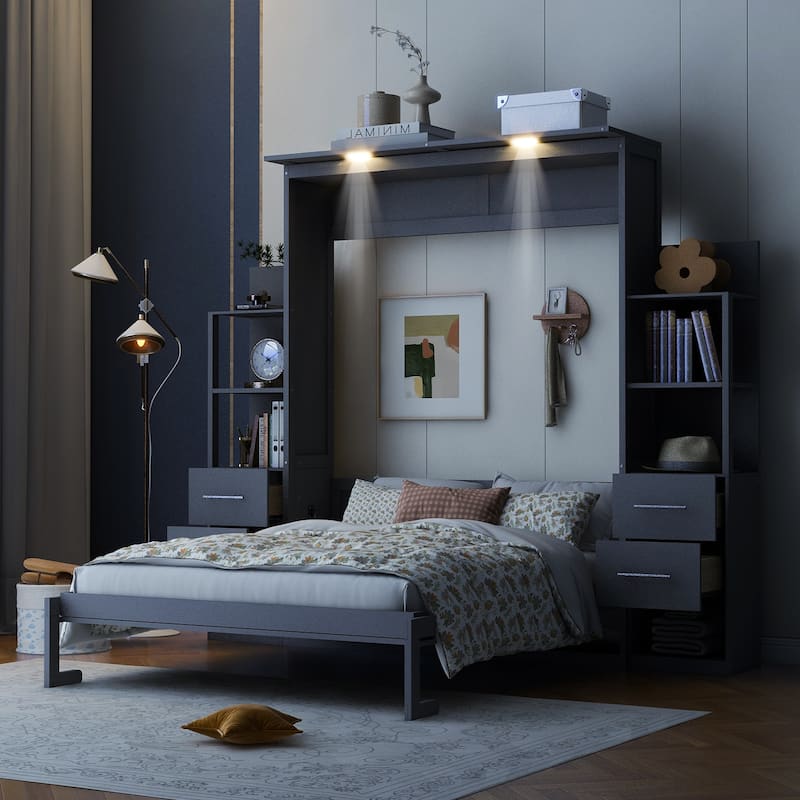 Queen Murphy Bed with Shelves, Drawers & LED Lights