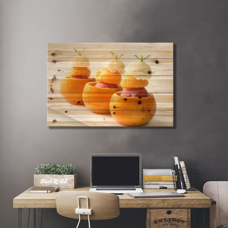 Ice Cream Balls Inside Oranges Print On Wood by Unknown Artist - Multi-Color