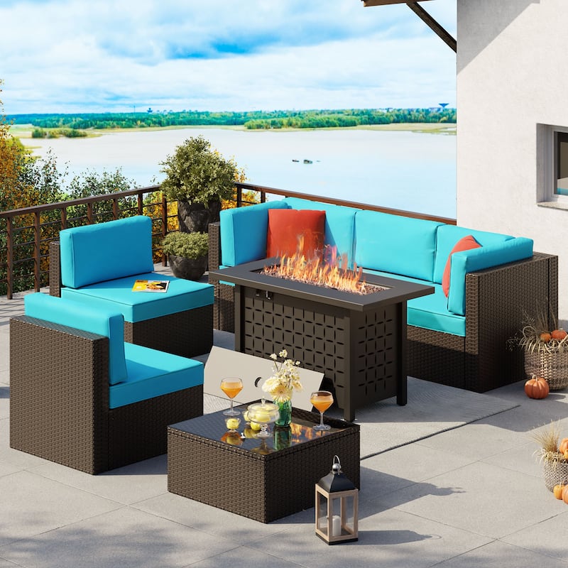 7 Piece Sectional Seating Group with Cushions and Fire Pit