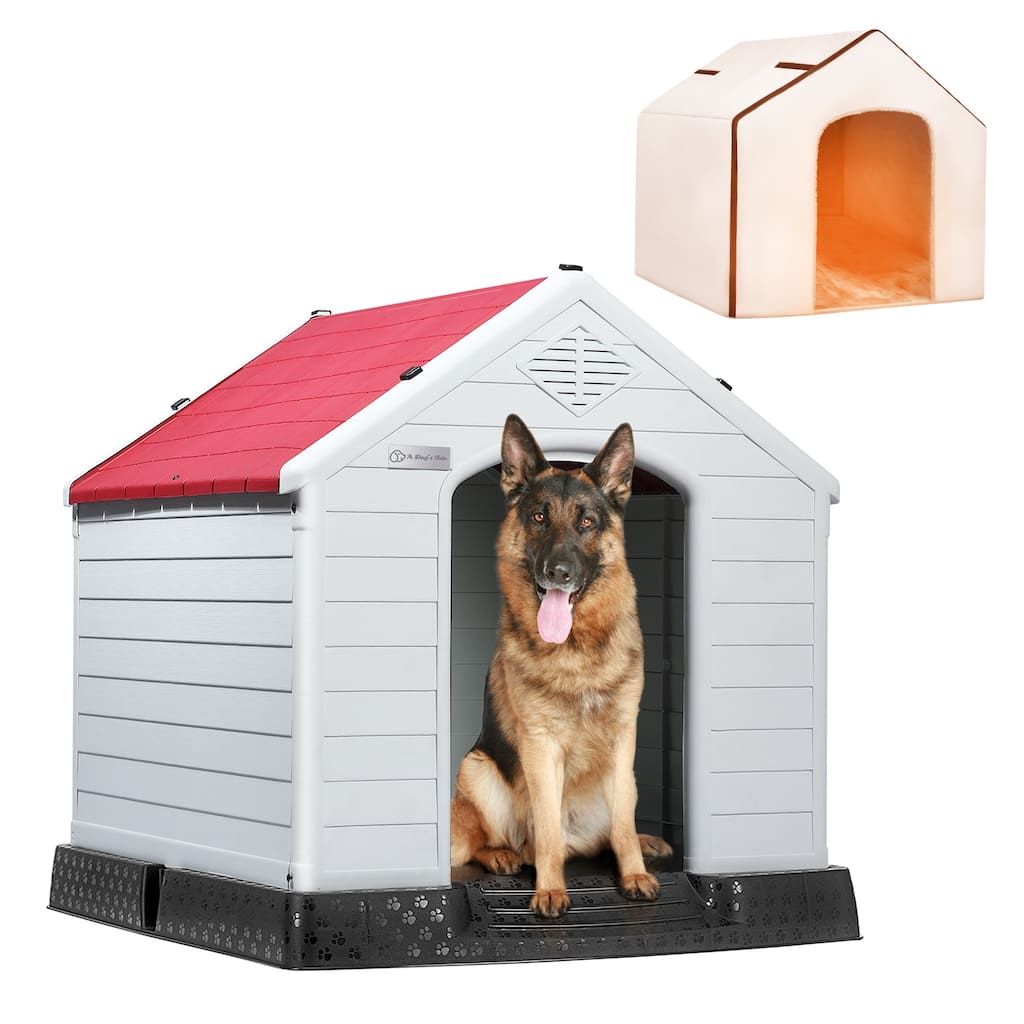 BOSSIN Insulated & Waterproof Dog House, Indoor/Outdoor Puppy Shelter with Elevated Floor & Liner for All Size Dogs