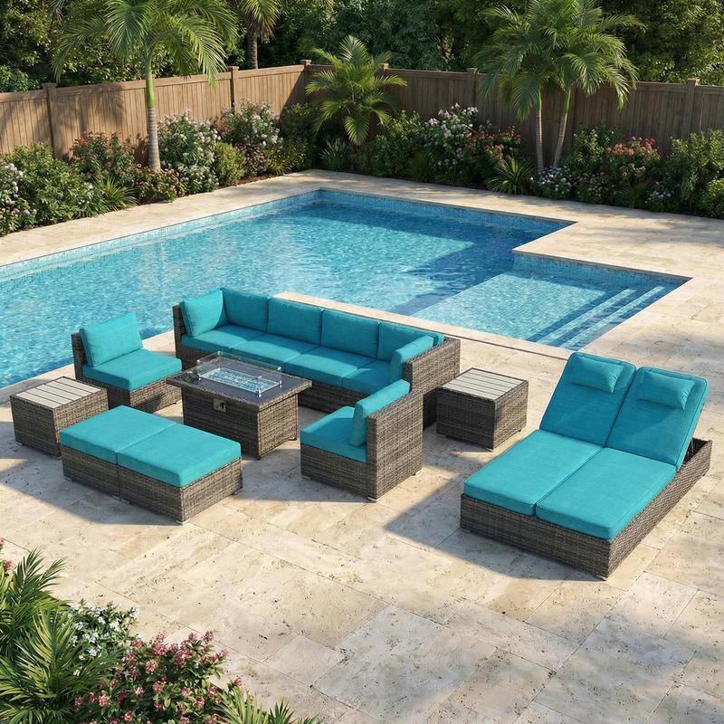 Outdoor Sectional Conversation Set PE Wicker with Double Chaise Lounge, 60,000 BTU Fire Pit Table - 12-Piece/Table-A - Teal