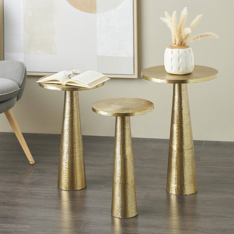 Textured or Ridged Accent Table with Layered Ring Tabletop or Hammered & Cone Shaped Bases - Gold or Silver - Roche River Décor