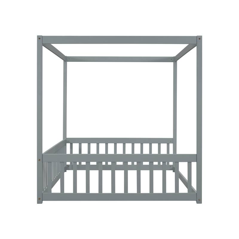 Full Size Canopy Frame Floor Bed with Fence