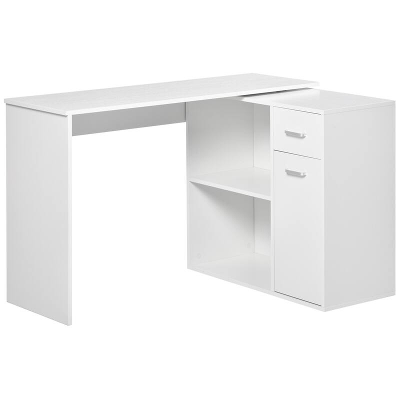 L Shaped Computer Desk, 180 Rotating Corner Desk with Storage Shelves, Drawer and Cabinet - White