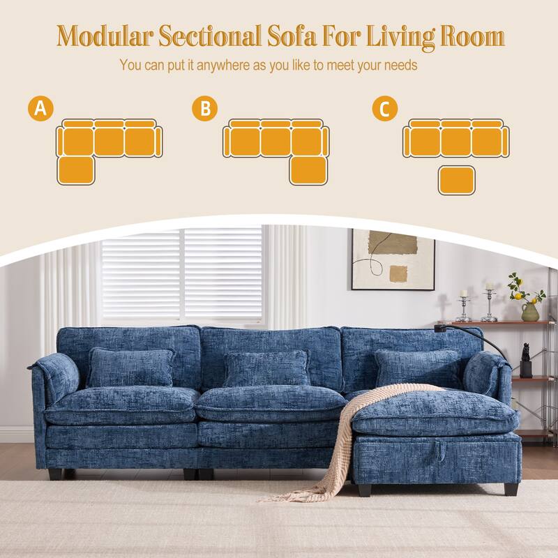 HOMEFUN Chenille Upholstered L-shaped Phone Holder Modular Sectional Sleeper Sofa with Movable Storage Ottoman