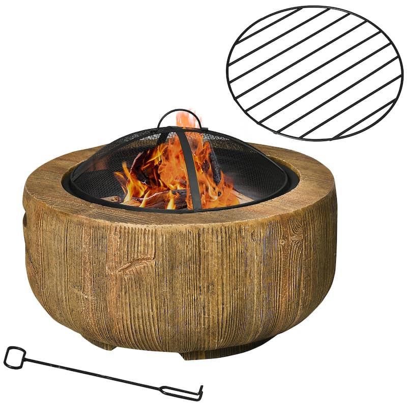 Outsunny Outdoor Fire Pit, 24 Inch Metal Wood Burning Fireplace with Spark Cover, Poker, Woodgrain Design